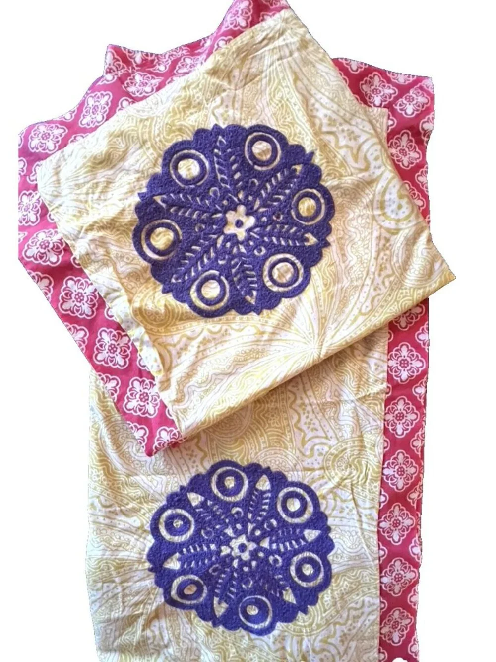 Boho EURO 2 Sham Set Cotton Floral Patchwork Embroidery Style & Co Blue Yellow